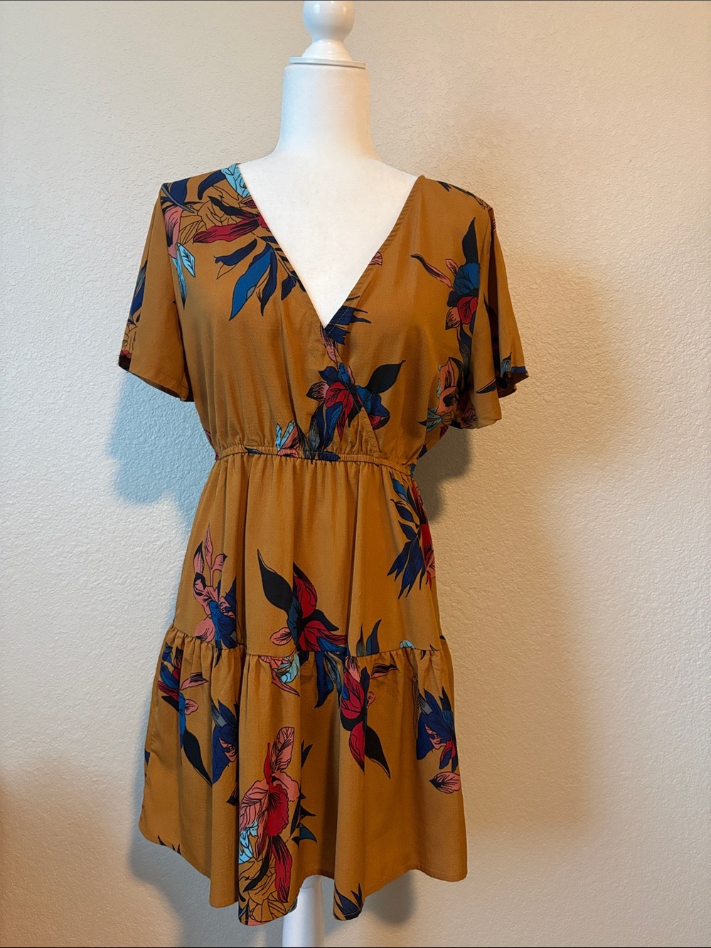 Mustard Floral V-Neck Tiered Women's Dress